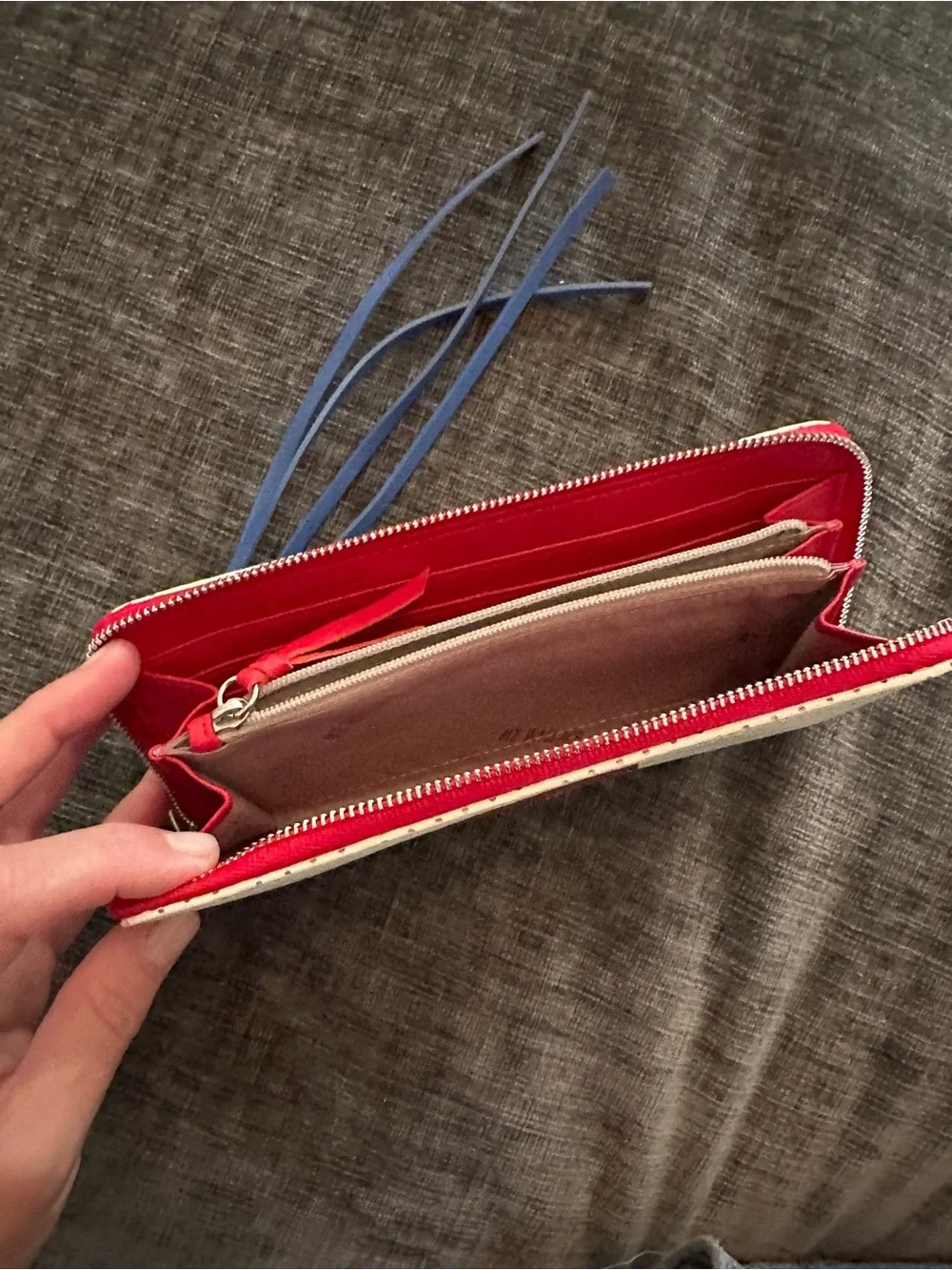 MZ Wallace White Perforated Zip Wallet with Blue and Red Accents. Rare